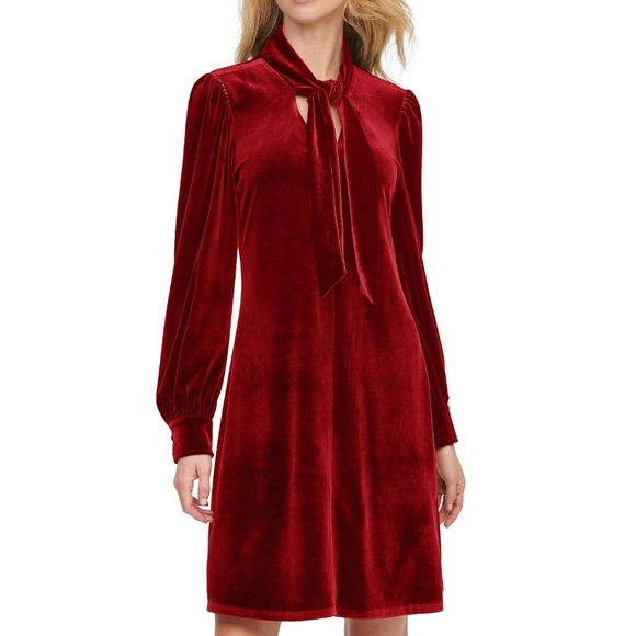 NWT Calvin Klein Cranberry Red Velvet Tie Trim V-Neck Long Sleeve Mini Dress 6 - Picture 1 of 7